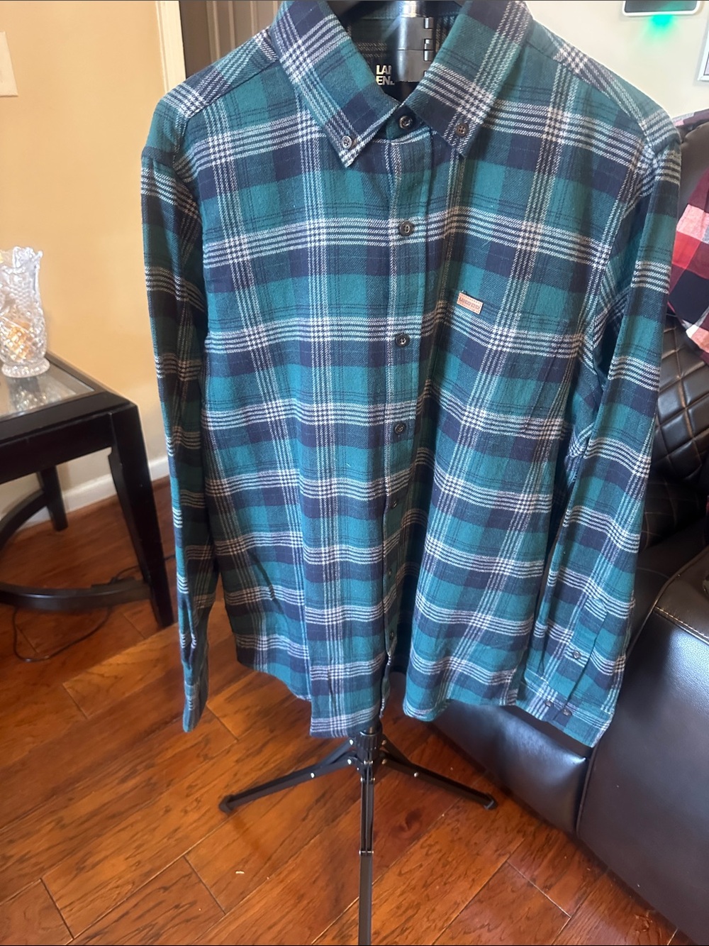 Lands' End Teal and Navy Plaid Button-Down Shirt